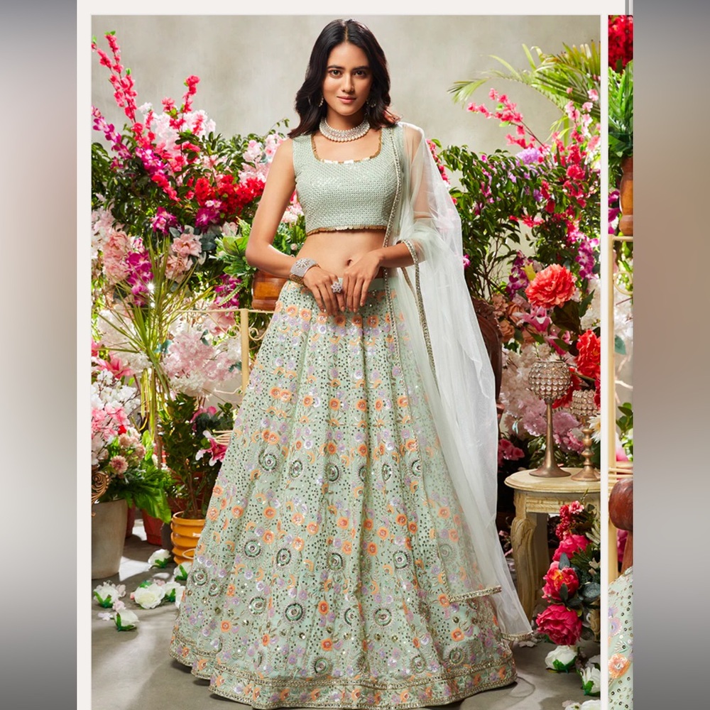 Dusty Mint Green Multicolor Embroidered Net Lehenga - Lashkaraa